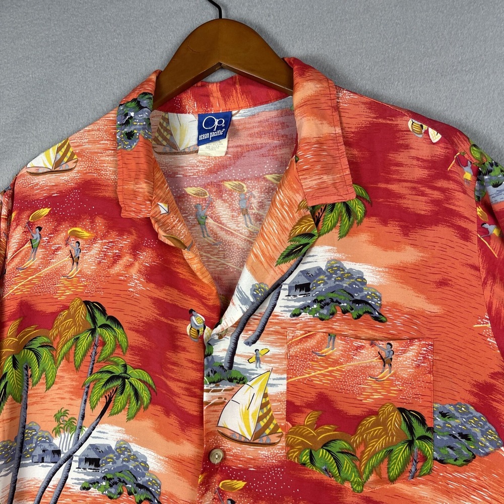 VTG OP Ocean Pacific Hawaiian Shirt Large Red Palm Sailboat Waterskiing Rayon